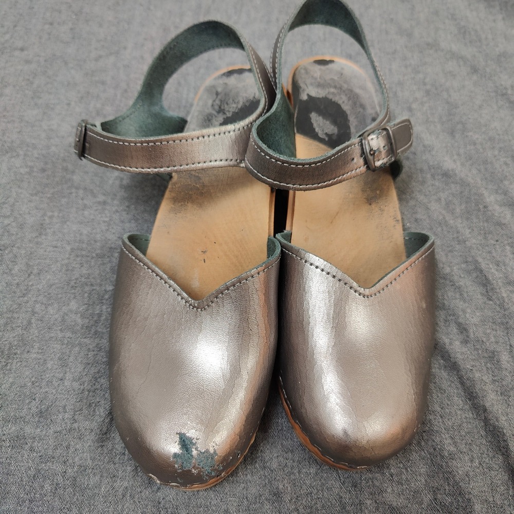 Vollsjo Clogs Womens 40 Pewter Metallic Leather‎ Wooden Ankle Strap Boho Retro - Picture 6 of 12